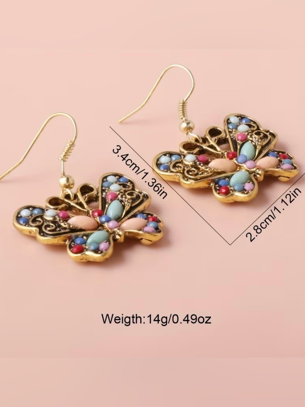 New! Antique Gold Butterfly Drop Earrings with Pink, Blue & Turquoise Accents. 🦋 - Picture 5 of 5